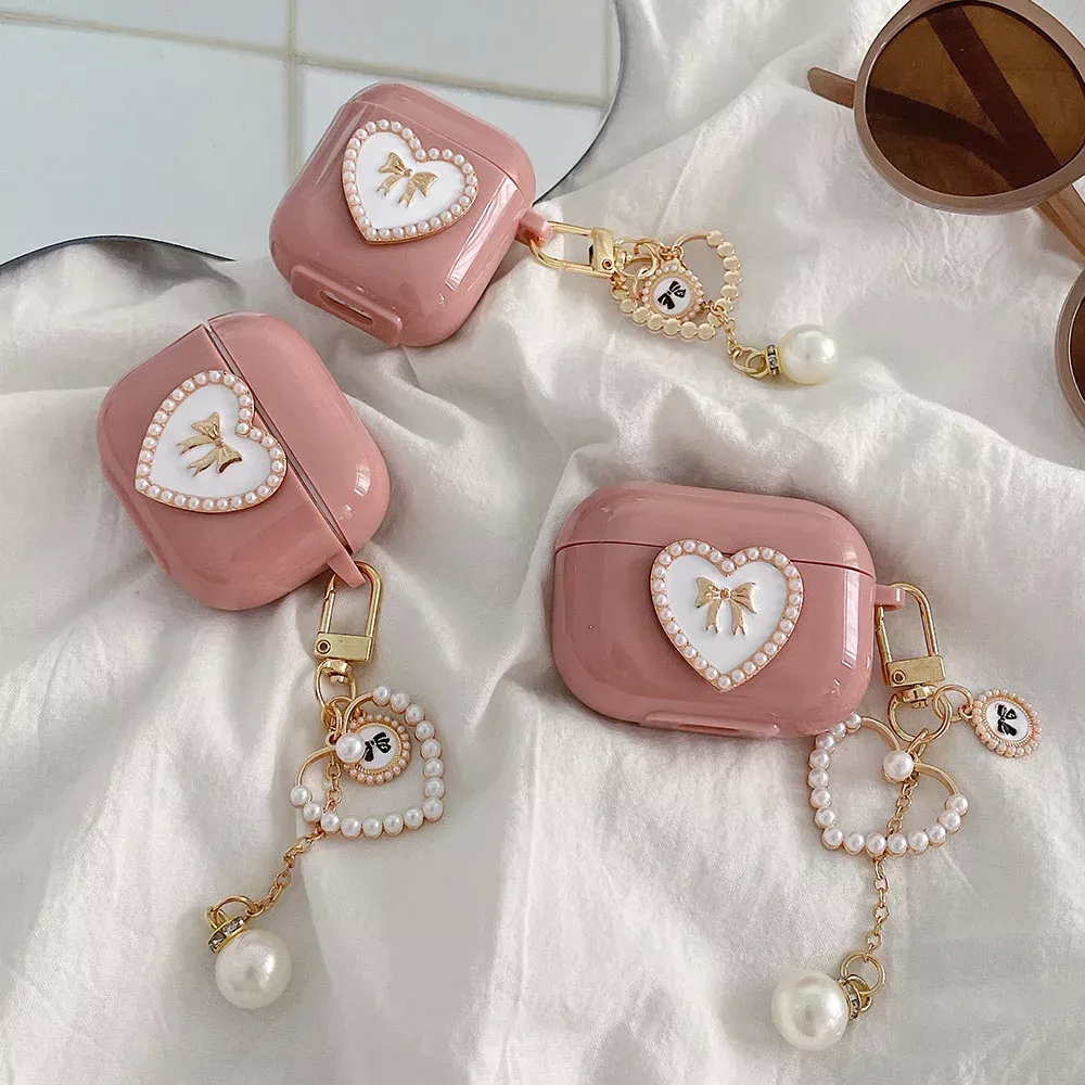 Pearl Heart Pink Tassel AirPods Case with Bowknot Keyring