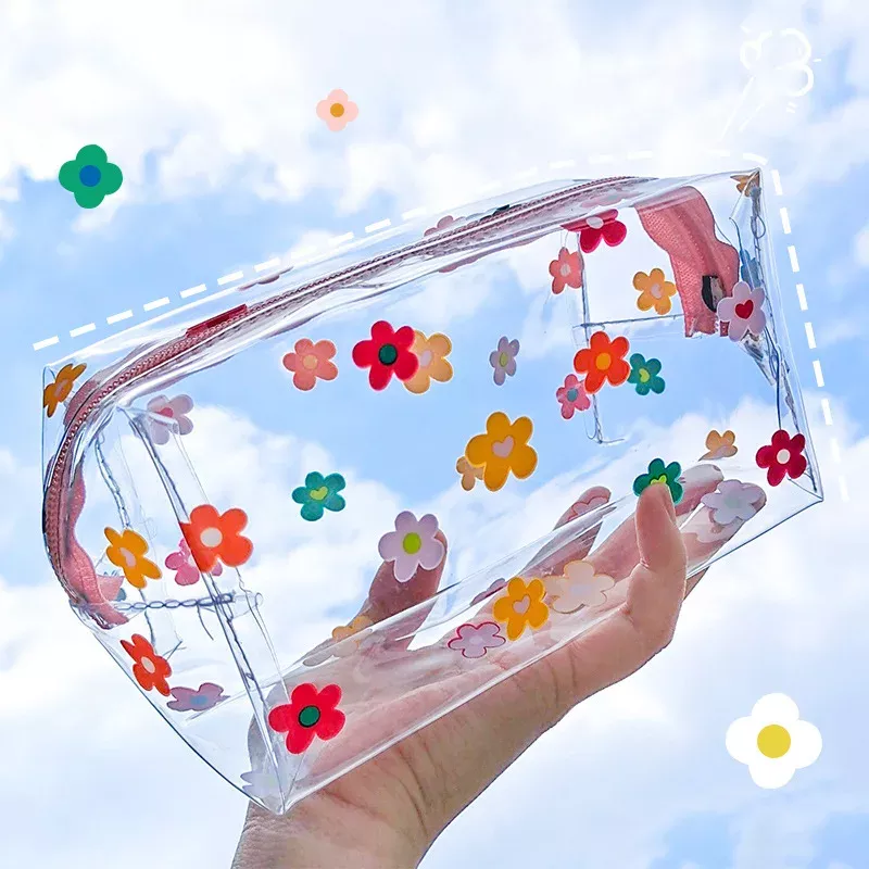 Trendy Transparent Strawberry Flower Cosmetic Bag