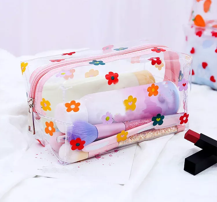 Trendy Transparent Strawberry Flower Cosmetic Bag